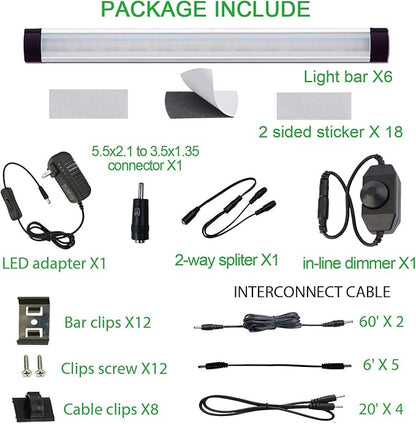 AIBOO LED Under Counter Light Rigid Bar Kit, Plug in Corded Under Cabinet Lighting with 12V LED Dimmable Switch for Counter Shelf Showcase Display Lighting (6 Panels,Warm White)