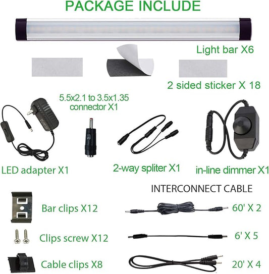 AIBOO LED Under Counter Light Rigid Bar Kit, Plug in Corded Under Cabinet Lighting with 12V LED Dimmable Switch for Counter Shelf Showcase Display Lighting (6 Panels,Warm White)