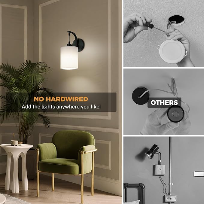 Battery Operated Wall Sconce Set of Two, Pleated Fabric Rechargeable Wireless Wall Sconces with 13000mAh Bulb & Dimmable, Battery Sconces Wall Light Decor Set of 2 for Living Room, Black