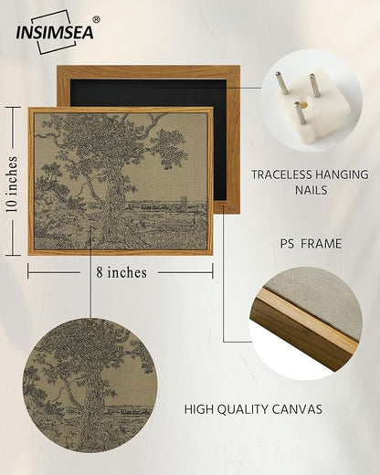 InSimSea Framed Canvas Print Art, Vintage Sketch Tree Landscape Painting, Rustic Farmhouse Cottage Decor for Hallway Wall Floating Shelf Desk Vanity Fireplace,10x8in, Neutral Tones