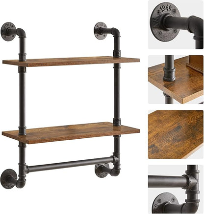 IBUYKE Pipe Floating Shelves,Rustic Iron 28.5 inches Industrial Pipe Shelf,2-Tier Wall Shelf with Towel Bar,Wall Mount Bookshelf for Bedroom,Kitchen,Living Room,Bathroom URF-TM014