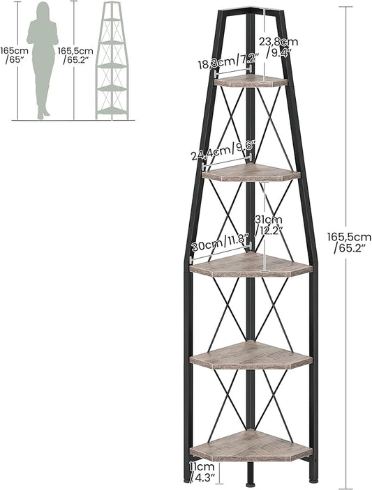 5-Tier Corner Shelf, Corner Bookshelf, Ladder Shelf, Floor Standing Storage Rack, Open Display Stand, Plant Stand, for Living Room, Bedroom, Study, Bathroom, Greige and Black TCJ22BG