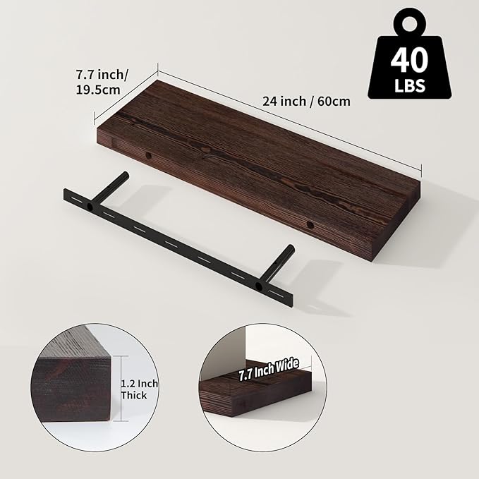 SAUMONIERES Floating Shelves 8 Inch Deep Solid Wood Wide Wall Shelf Set of 2 Wall Mounted for Bedroom Bathroom Living Room Kitchen, 24 Inch Walnut