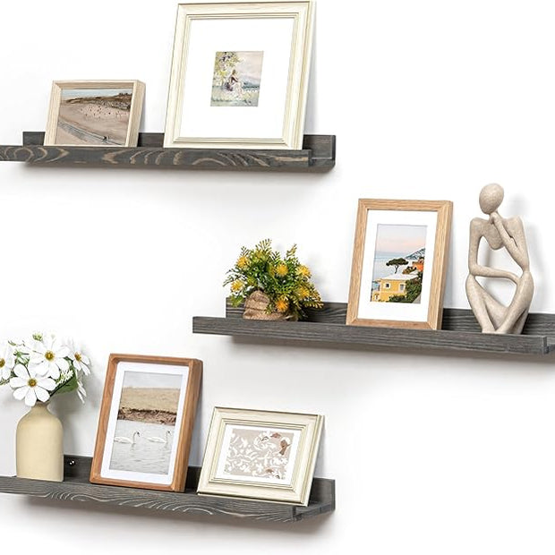 Picture Ledge Wall Shelves - 24 Inch Width Set of 3, Solid Pine Wood Rustic Floating Ledge Shelves for Kids' Room, Bedroom, Kitchen, Bathroom, Living Room, Nursery Display Wall Decor, Grey
