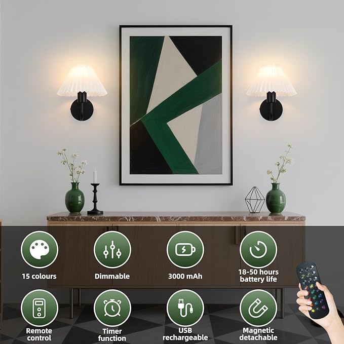 Rechargeable Battery Operated Wall Sconces Set of 2,Black Wall Lights with Remote,Dimmable Wall Lamp with Pleated Shades,15 Colors Wireless Bathroom Vanity Wall Light for Bedroom Living Room Hallway