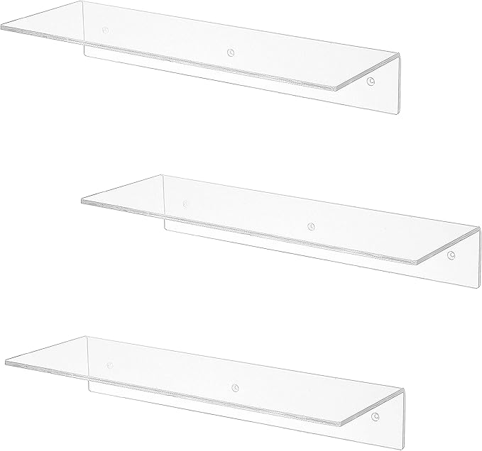 MyGift 17-Inch Clear Acrylic Floating Shelves - Wall Mounted Modern Crystal Display Shelf Racks, Set of 3