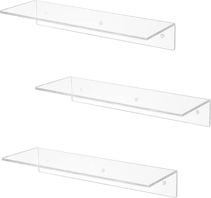 MyGift 17-Inch Clear Acrylic Floating Shelves - Wall Mounted Modern Crystal Display Shelf Racks, Set of 3