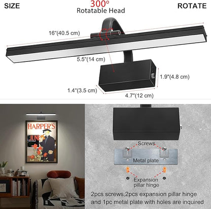 Picture Light,Picture Lights for Wall Cordless,16" Picture Lights with Timer and Dimmable,Battery Wall Lights for Display Gallery Painting Art Frame Portrait-L Black