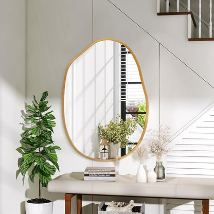 Gold Irregular Wall Mirror Aluminum Alloy Frame Asymmetrical Bathroom Mirrors Brushed Metal Vanity Wall Mounted Mirror for LivingRoom Bedroom Entryway Room Home Decor Large 22"x30"