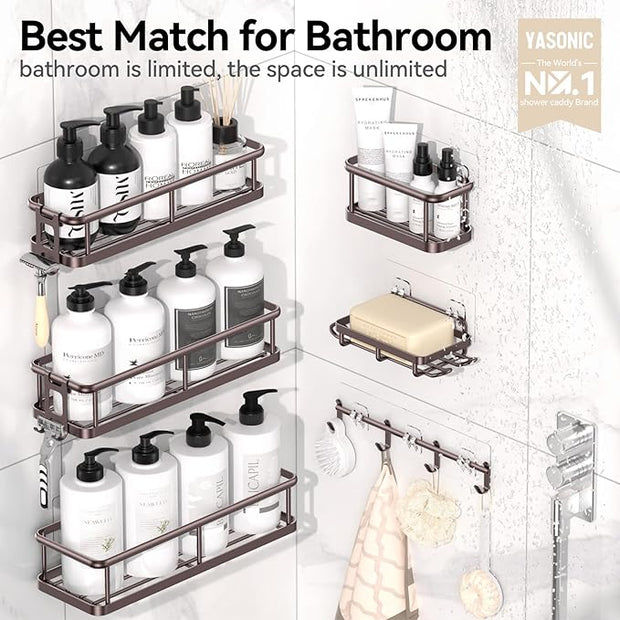 YASONIC Shower Caddy, 6 Pack Large Capacity shower Organizer with Soap Holder and 12 Hooks, Rustproof Shelves for Inside Shower, No Drilling&Sleek Bathroom Organizers and Storage Bronze XL