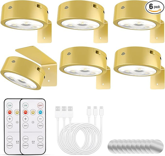 6-Pack Picture Lights for Wall, Rechargeable Battery Operated Wireless Magnetic Painting Lights with Remote Dimmable and Timer, Wall Decor Lights with 3 Lighting Modes for Art Display (Gold)