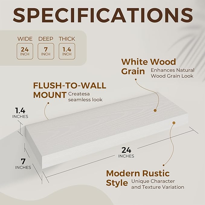 Dreamland 24 Inch Long Floating Shelves in White,6.7 Inch Deep Floating Shelf for Wall,Large Display & Storage Shelf, Wall Shelf for Bathroom Bedroom Living Room Kitchen Office，Set of 2