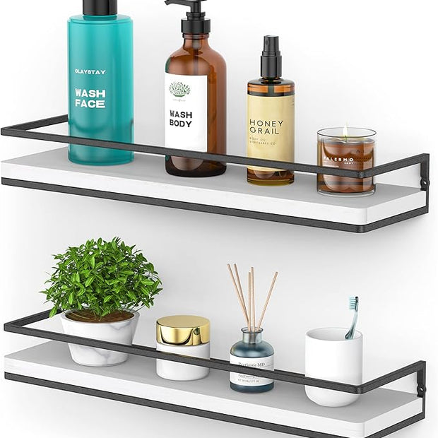 Meangood Floating Shelves Wall Mounted Set of 2, Rustic Wood Wall Storage Shelves for Bedroom,Living Room,Bathroom, Kitchen (White)