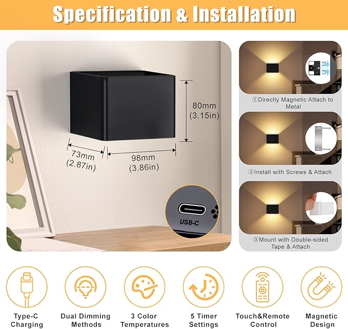 Yochoice Motion Sensor Wall Sconces with Remote Control, 6000mAh Black Wireless Touch Control Rechargeable Lamps with 3 Color Temperatures, LED Up Down Battery Operated Wall Lights Indoor, 2-Pack