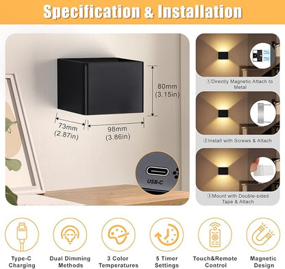 Yochoice Motion Sensor Wall Sconces with Remote Control, 6000mAh Black Wireless Touch Control Rechargeable Lamps with 3 Color Temperatures, LED Up Down Battery Operated Wall Lights Indoor, 2-Pack