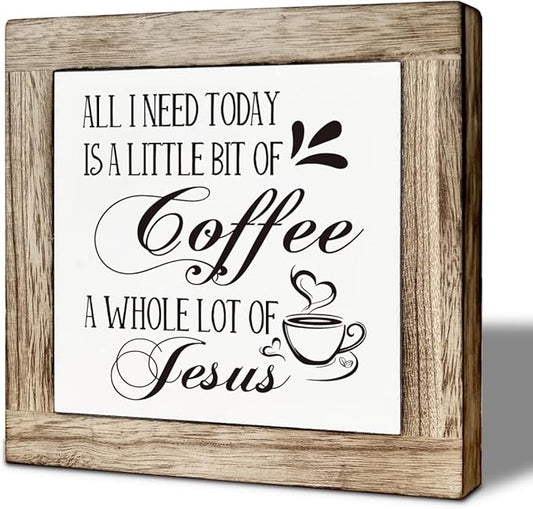 Coffee Bar Accessories, Rustic Wooden Table Top Decoration, for Coffee Station Home Farmhouse Kitchen and Office, Funny Kitchen Decoration 5.9×5.9 inch
