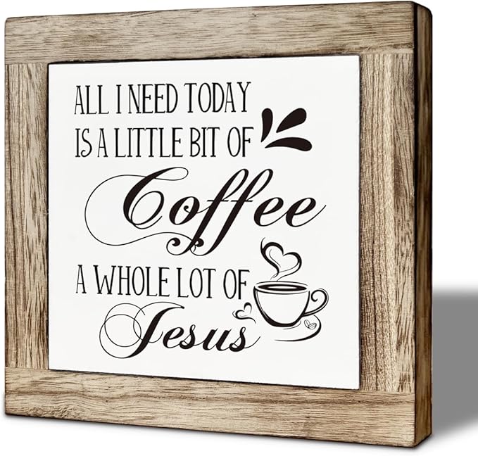 Coffee Bar Accessories, Rustic Wooden Table Top Decoration, for Coffee Station Home Farmhouse Kitchen and Office, Funny Kitchen Decoration 5.9×5.9 inch