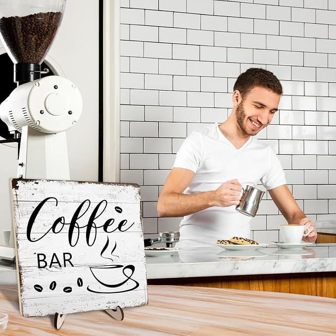 Coffee Bar Decor Sign – Rustic Wooden Plaque for Coffee Station, Farmhouse Cafe Shelf Accessories, Desk or Kitchen Counter Decor,Birthday,Mother Day Gift 5.9 x 5.9 Inch