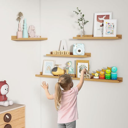 Picture Ledge Shelf, Floating Shelves Set of 2, 24 Inches Nursery Book Shelves for Toys Storage, Kids Bookshelf Wall Mounted for Living Room Bedroom Decor Books Photo Frames, Natural Oak