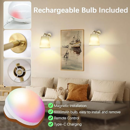Battery Operated Wall Sconce Set of 2,Gold Rechargeable Wall Lights with Lampshade Dimmable RGB Bulbs and Remote,15 Colors Wireless Wall Lamps for Bedroom Living Room (Gold-3P)