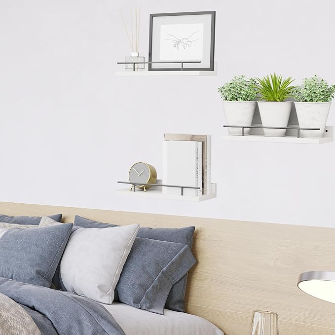Floating Shelves with Metal Guardrail, Wall Decor Shelves for Bathroom, Living Room and Bedroom, (Black-White) Shelves for Home Decor