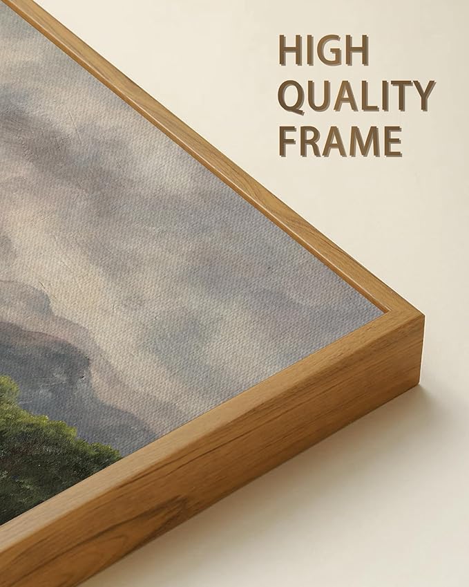 SHENIFY Landscape 16x24in Large Vintage Framed Canvas Wall Art Classical Prairie and Mountain Prints Farmhouse Bathroom Office Decor - Natural Framed