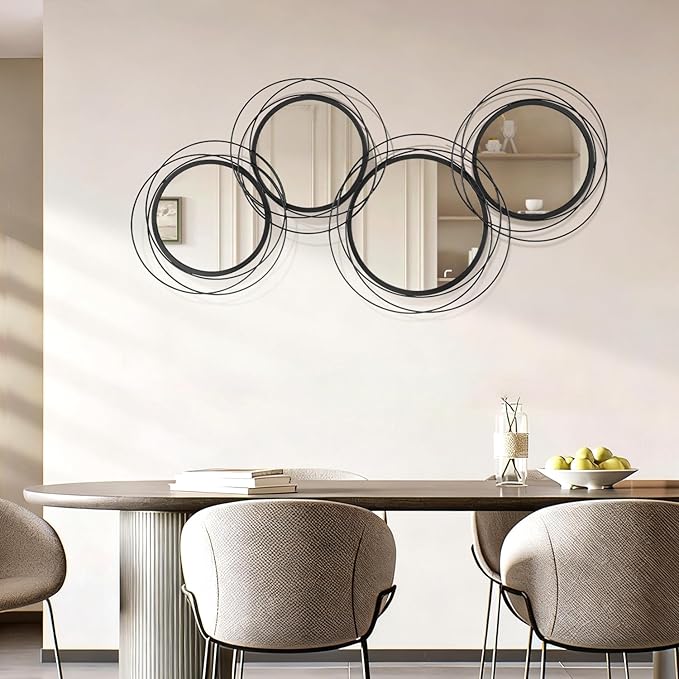 Black Wall Mirror Set, Metal Framed Round Mirror 4 Pack Circle Modern Decorative Mirrors for Living Room Bedroom Bathroom Entryway 20x40 Inch Home Decor