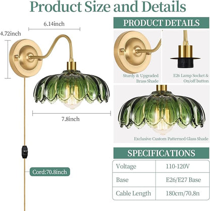 Vintage Plug in Wall Sconces Set of Two,Dimmable Wall Sconces Lamp with Plug in Cord & Flower Glass Lampshade,Gold Sconces Wall Decor Set of 2 Plug in Wall Lights Sconces for Bedroom