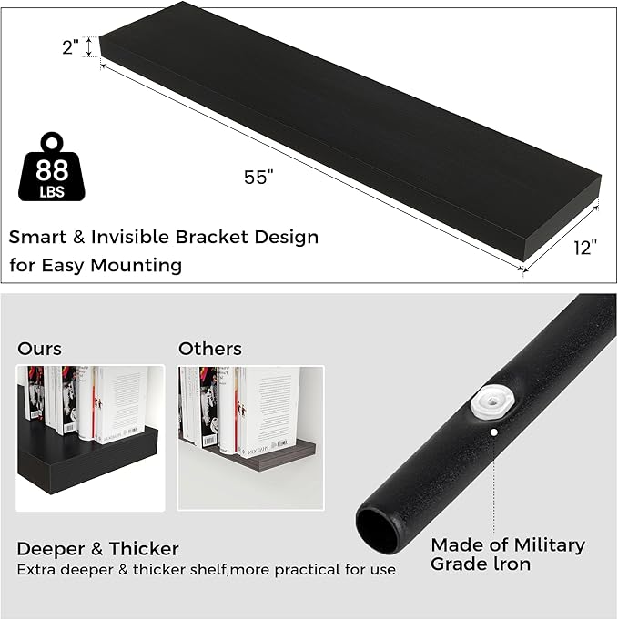 Floating Shelves for Wall, 55 Inch Wide x 12 Inch Deep Floating Shelves, Long Wood Floating Wall Shelf Shelves for Living Room Bathroom Bedroom Kitchen Home - (Black, 55