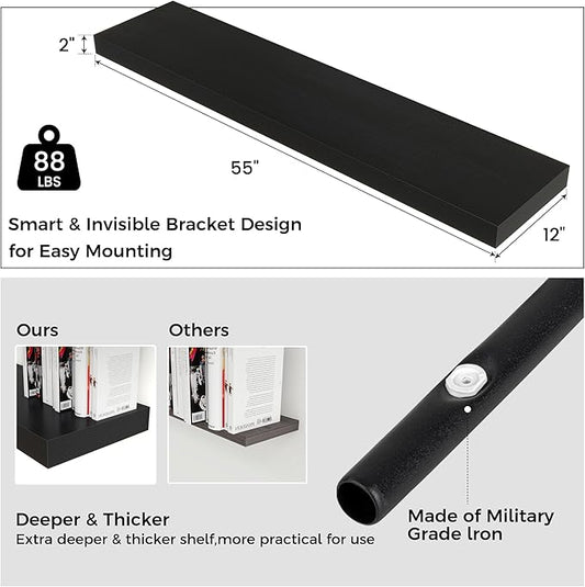 Floating Shelves for Wall, 55 Inch Wide x 12 Inch Deep Floating Shelves, Long Wood Floating Wall Shelf Shelves for Living Room Bathroom Bedroom Kitchen Home - (Black, 55" W x 12" D x 2" H)
