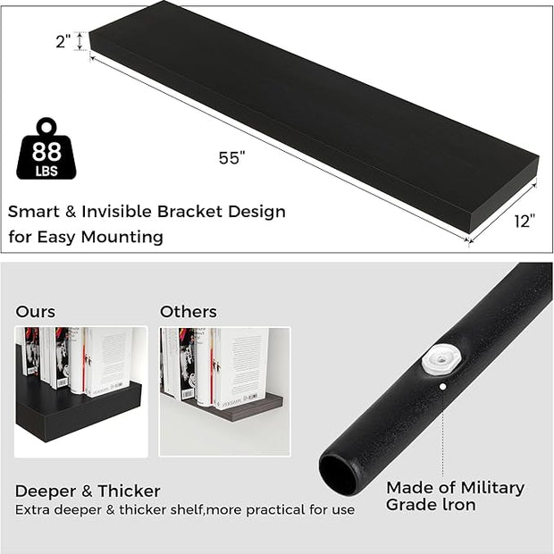 Floating Shelves for Wall, 55 Inch Wide x 12 Inch Deep Floating Shelves, Long Wood Floating Wall Shelf Shelves for Living Room Bathroom Bedroom Kitchen Home - (Black, 55" W x 12" D x 2" H)