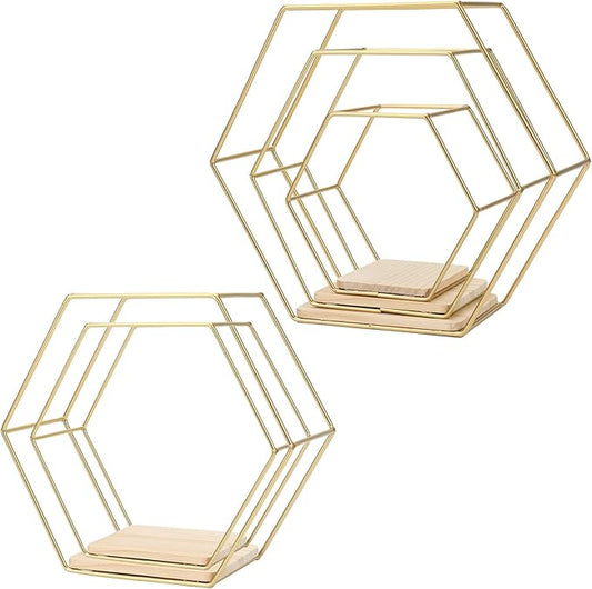 Wall Mounted Hexagonal Floating Shelves Set of 5 in Different Sizes, Modern Metal Shelf, Simple Wood Partition Storage Shelves, Gold Decor Rack for Bedroom, Living Room, Kitchen and Office