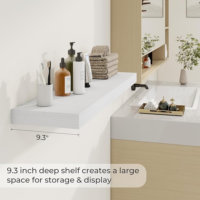 Dreamland 40 Inch Long Floating Shelves in White,9.3 Inch Deep Floating Shelf for Wall,Large Display & Storage Shelf, Wall Shelf for Bathroom Bedroom Living Room Kitchen Office，Set of 2