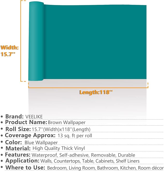 VEELIKE 15.7''x118'' Matte Turquoise Blue Wallpaper Peel and Stick Blue Contact Paper Waterproof Self Adhesive Blue Textured Wall Paper Decorative for Bedroom Wall Cabinets Countertops Shelves Vinyl