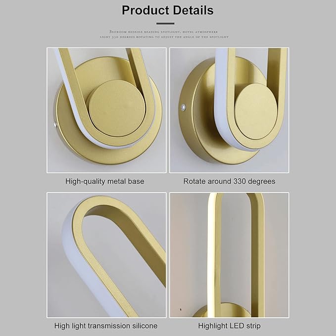 Modern 12W LED Wall Lighting Fixture 330° Rotatable Wall Lamps Modern Minimalist Creative Black Acrylic Wall Sconces for Bedroom, Living Room Balcony Kitchen Hallway