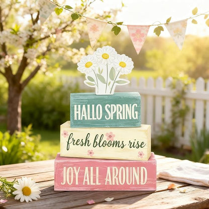 Spring Decoration Wooden Tiered Tray Decor – Rustic Hallo Spring Stacked Block Sign with Daisy Flower Topper – Farmhouse Tabletop Spring Decor for Living Room Shelf Kitchen Coffee Bar Seasonal Home Display