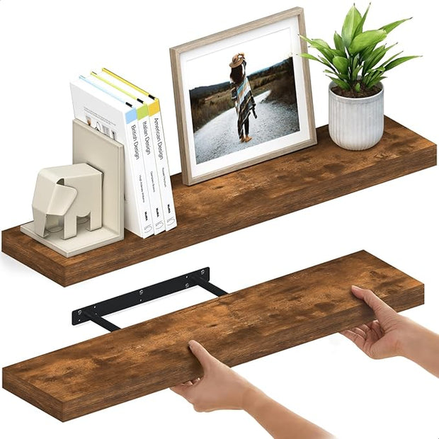 Ballucci Floating Shelves for Wall, 36" Wood Wall Shelf Set of 2, with Invisible Brackets for Bathroom, Living Room, Bedroom, Kitchen, Nursery, 8" Deep, Rustic Brown