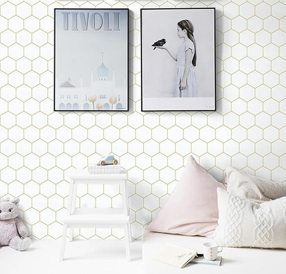 Hexagonal Wallpaper Geometric Peel and Stick Wallpaper 17.3”×472”Gold and White Contact Paper Decorative Shelf Drawer Liner Roll Waterproof