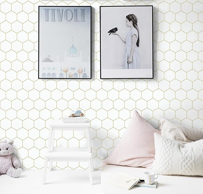 Hexagonal Wallpaper Geometric Peel and Stick Wallpaper 17.3”×197”Gold and White Contact Paper Decorative Shelf Drawer Liner Roll Waterproof
