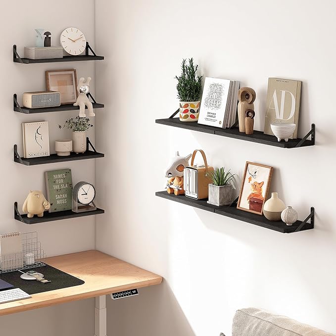 Fixwal Floating Shelves, Width 4.7in Rustic Wood Wall Shelves Set of 8, Wall Storage Shelves for Bedroom, Living Room, Kitchen, Bathroom, Office and Plants (Black)