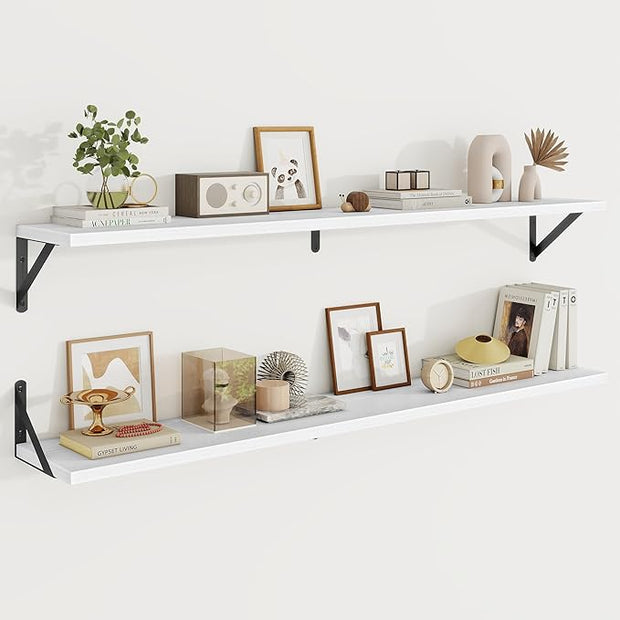 Floating Shelves, 8 Inch Deep Rustic Wood Wall Storage, 48W x 8D Wall Shelves Set of 2, Heavy Duty Metal Brackets, Industrial Book Shelf for Living Room, Kitchen, Bathroom, Bedroom, White