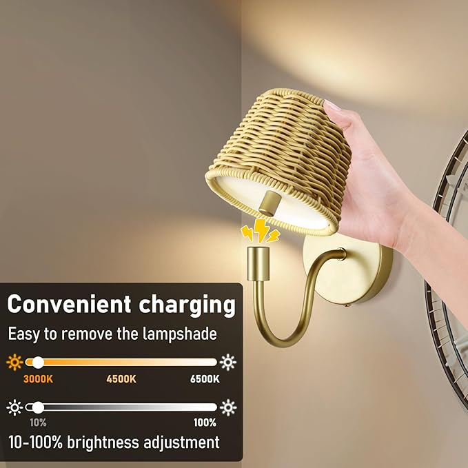 Battery Operated Wall Sconce Set of 2, Rechargeable Wireless Rattan Wall Sconces with Dimmable Detachable Magnetic Bulbs and Remote, 3 Colors Wall Lights for Bedroom Living Room Hallway