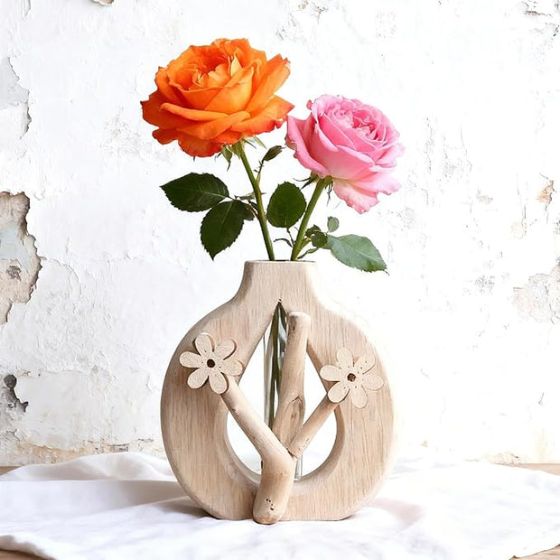 Artistic Wood Glass Vase,Wooden Base Cylindrical Flower Vase,Classic Boho Rustic Style for Fireplace Bedroom Kitchen Living Room Centerpieces Office Desk(Petite Vase)