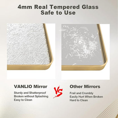 20x30 Inch Gold Framed Bathroom Mirror, Rectangle Brushed Gold Metal Vanity Mirror, Gold Mirror for Wall, Rounded Corner, Tempered Glass, Anti-Rust, Shatterproof (Horizontal/Vertical)