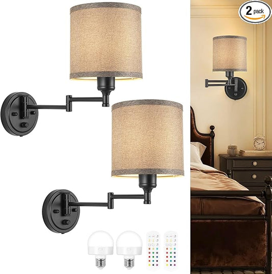Battery Operated Wall Sconce with Remote Control, 15 Colors Dimmable Wireless Wall Sconces Set of Two, Rechargeable Cordless Wall Sconce Light, Swing Arm Wall Lamp with Grey Fabric Shade