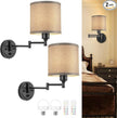 Battery Operated Wall Sconce with Remote Control, 15 Colors Dimmable Wireless Wall Sconces Set of Two, Rechargeable Cordless Wall Sconce Light, Swing Arm Wall Lamp with Grey Fabric Shade
