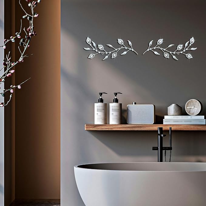 2 Pcs Metal Leaf Wall Art Crystal Bling Decorations Silver Leaves 3D Iron Handmade Home Decor Hanging Minimalist Accents Modern Set for Living Room Bathroom Bedroom Dining Room Hallway
