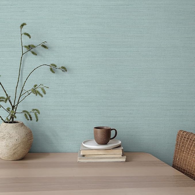 Tempaper Textured Seaglass Green Horizontal Faux Grasscloth Removable Peel and Stick Wallpaper, 20.5 in X 16.5 ft, Made in The USA