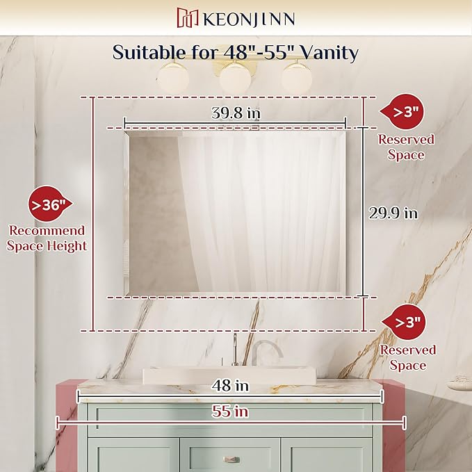 Keonjinn 40 x 30 Inch Bathroom Mirror with Beveled Edge, Frameless Mirrors for Over Sink, Rectangle Wall Mirror Shatterproof, Modern Decorative for Living Room, Entryway, Bedroom, Horizontal/Vertical