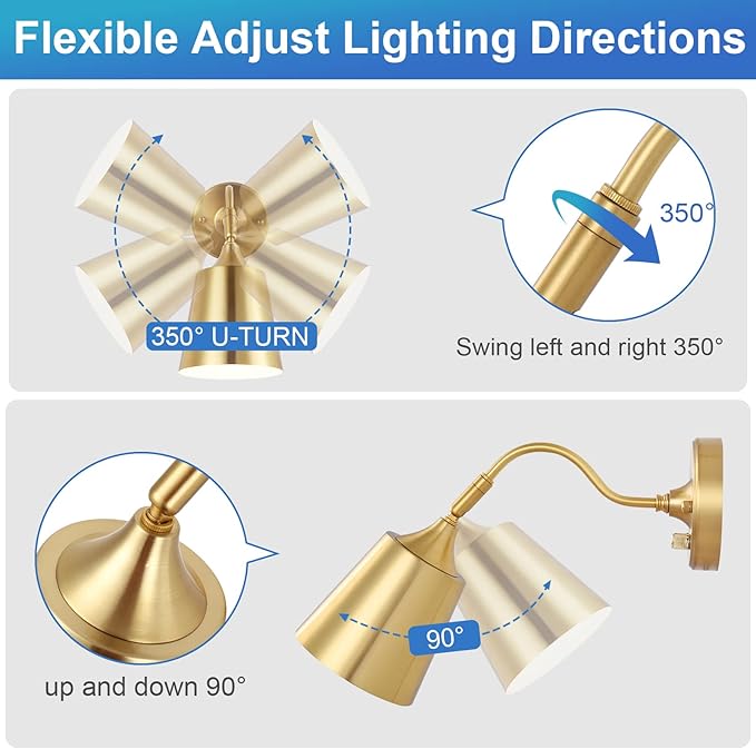 TRLIFE Wall Sconce Plug in, Dimmable Wall Sconces Adjustable Gold Wall Lights with Plug in Cord and Dimmer On/Off Knob Switch, Wall Mounted Light for Bedside Bedroom Stairway(2 Pack, 2 Bulbs Included)